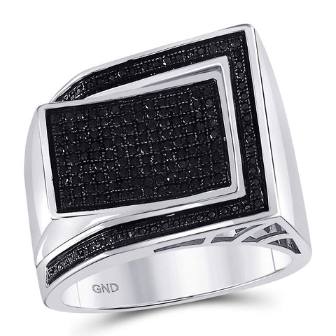 Sterling Silver Mens Round Black Color Enhanced Diamond Rectangle Cluster Ring 1/2 Cttw