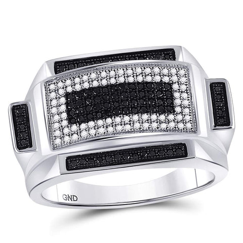 Sterling Silver Mens Round Black Color Enhanced Diamond Rectangle Fashion Ring 1/2 Cttw