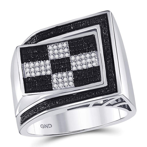 Sterling Silver Mens Round Black Color Enhanced Diamond Checkered Ring 1/2 Cttw