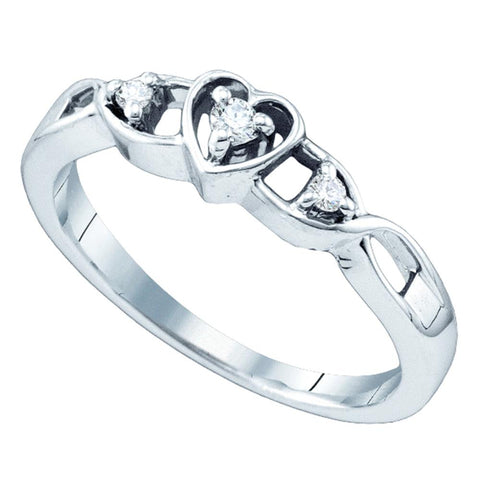 Sterling Silver Womens Round Diamond 3-Stone Heart Promise Bridal Ring 1/10 Cttw