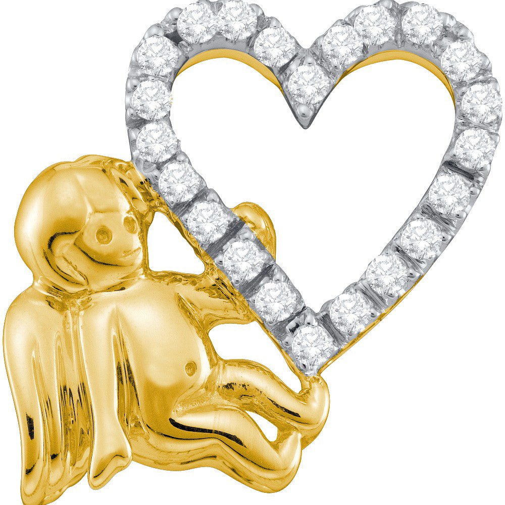 10kt Yellow Gold Womens Round Diamond Cherub Angel Heart Pendant 1/6 Cttw