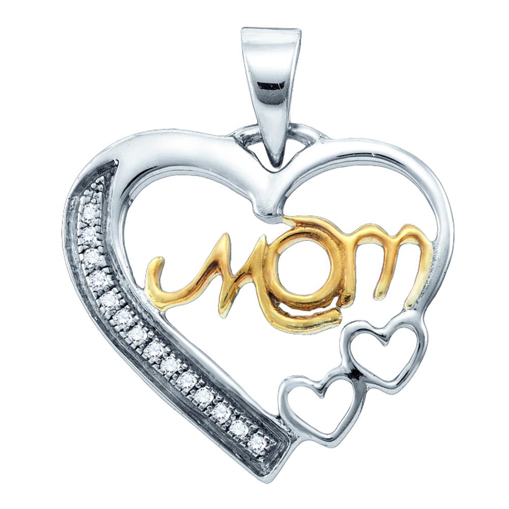 Sterling Silver MOM Heart Pendant, Gold Plated with Diamond 1/20 Cttw