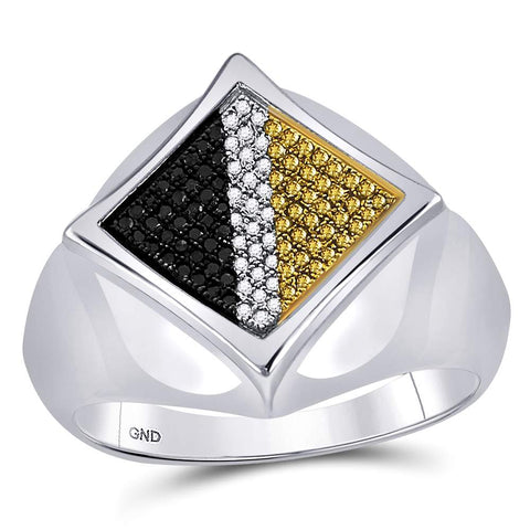 Sterling Silver Mens Round Black Yellow Color Enhanced Diamond Diagonal Square Ring 1/3 Cttw