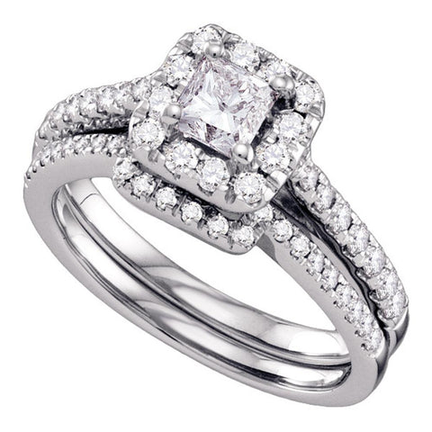 14kt White Gold Womens Princess Diamond Halo Bridal Wedding Engagement Ring Band Set 1.00 Cttw