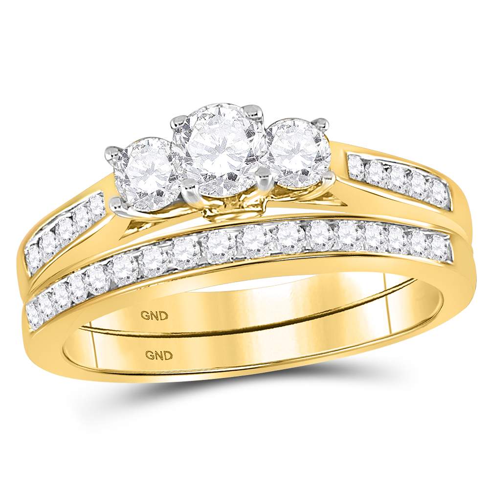 14kt Yellow Gold Womens Round Diamond Bridal 3-Stone Wedding Engagement Ring Band Set 1.00 Cttw