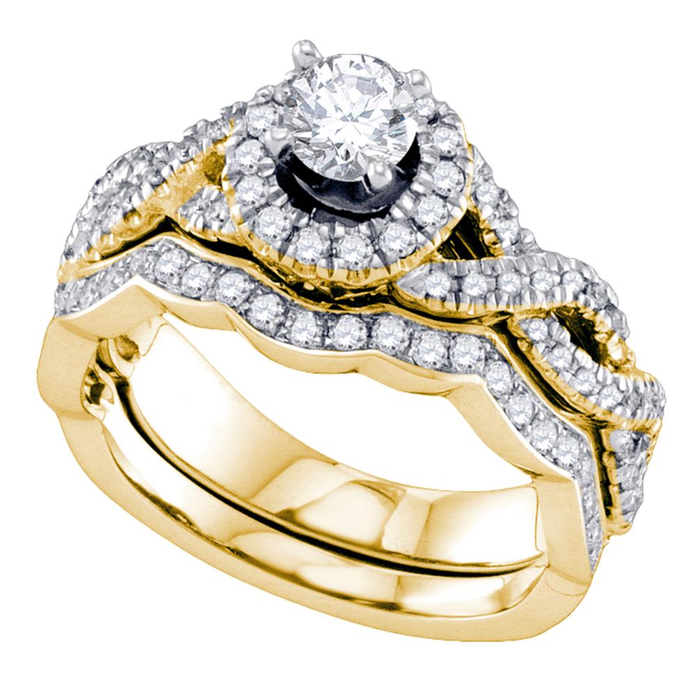 14kt Yellow Gold Womens Round Diamond Twist Halo Bridal Wedding Engagement Ring Band Set 1.00 Cttw
