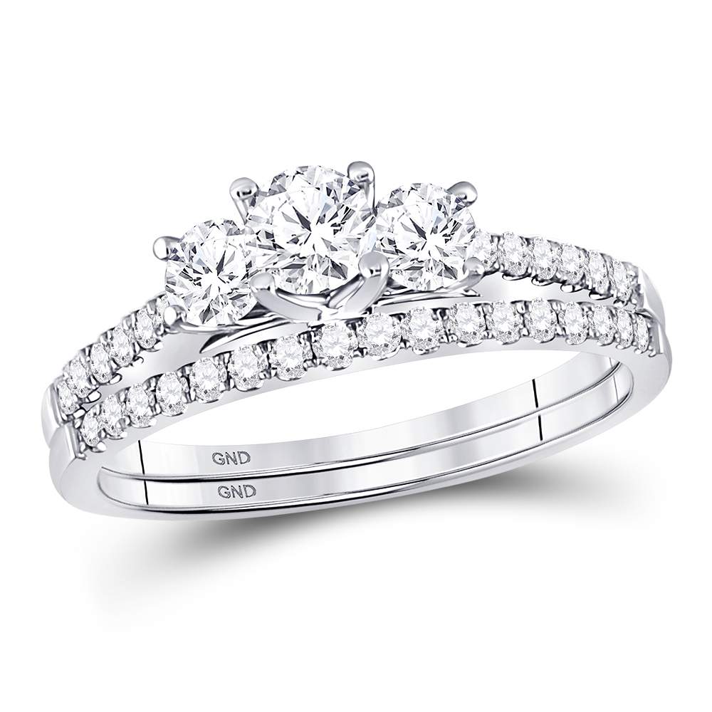 14kt White Gold Womens Round Diamond 3-stone Bridal Wedding Engagement Ring Band Set 1.00 Cttw