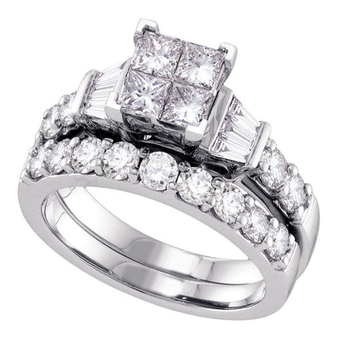 14k White Gold Womens Princess Diamond Invisible-set Wedding Bridal Engagement Ring Set 1 Cttw