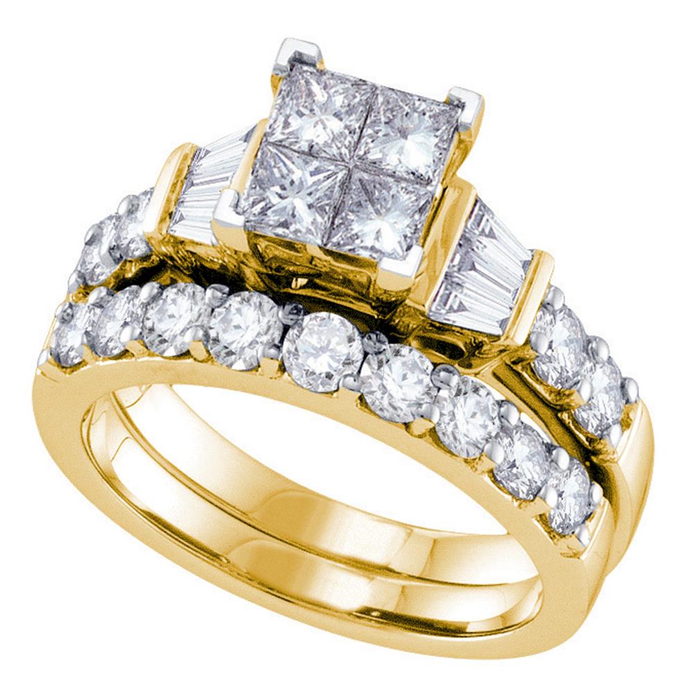 14k Yellow Gold Womens Princess Diamond Invisible-set Wedding Bridal Engagement Ring Set 1 Cttw