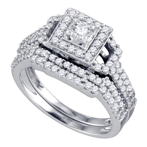 14kt White Gold Womens Round Diamond Square Halo Bridal Wedding Engagement Ring Band Set 1.00 Cttw
