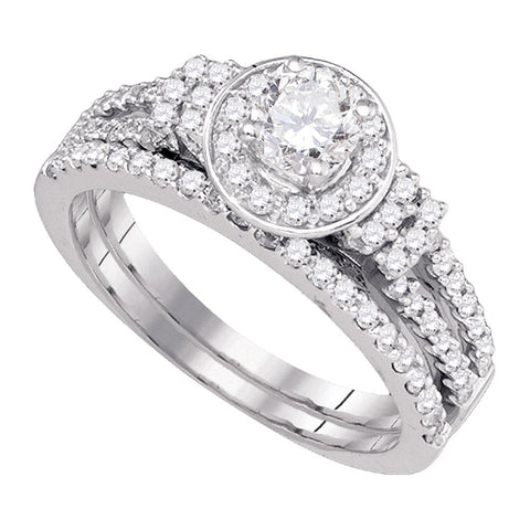 14kt White Gold Womens Round Diamond Halo Bridal Wedding Engagement Ring Band Set 1.00 Cttw