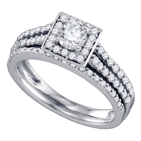 14kt White Gold Womens Round Diamond Square Halo Bridal Wedding Engagement Ring Band Set 1.00 Cttw