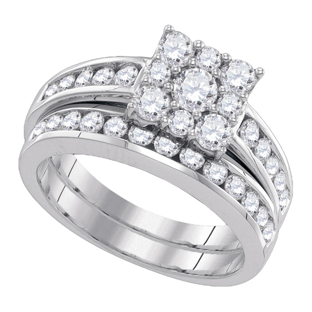 14kt White Gold Womens Round Diamond Halo Bridal Wedding Engagement Ring Band Set 1-1/2 Cttw