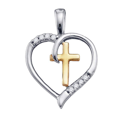 Cross & Heart Pendant, Sterling Silver with Gold Plating and Diamonds 1/20 Cttw