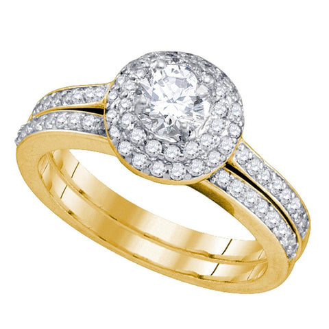 14kt Yellow Gold Womens Round Diamond Halo Bridal Wedding Engagement Ring Band Set 1.00 Cttw