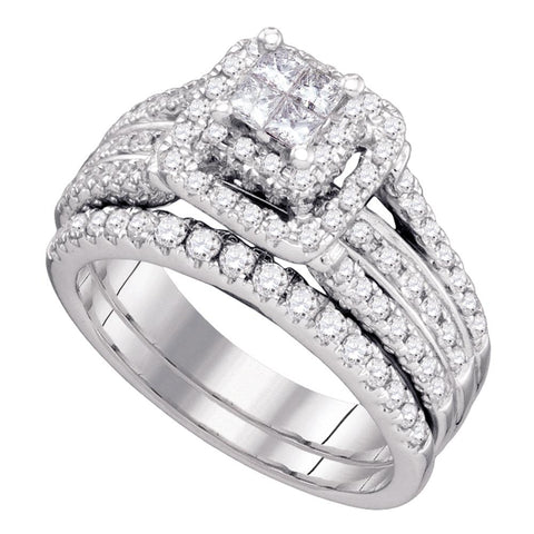 14kt White Gold Womens Princess Diamond Elevated Bridal Wedding Engagement Ring Band Set 1-1/5 Cttw