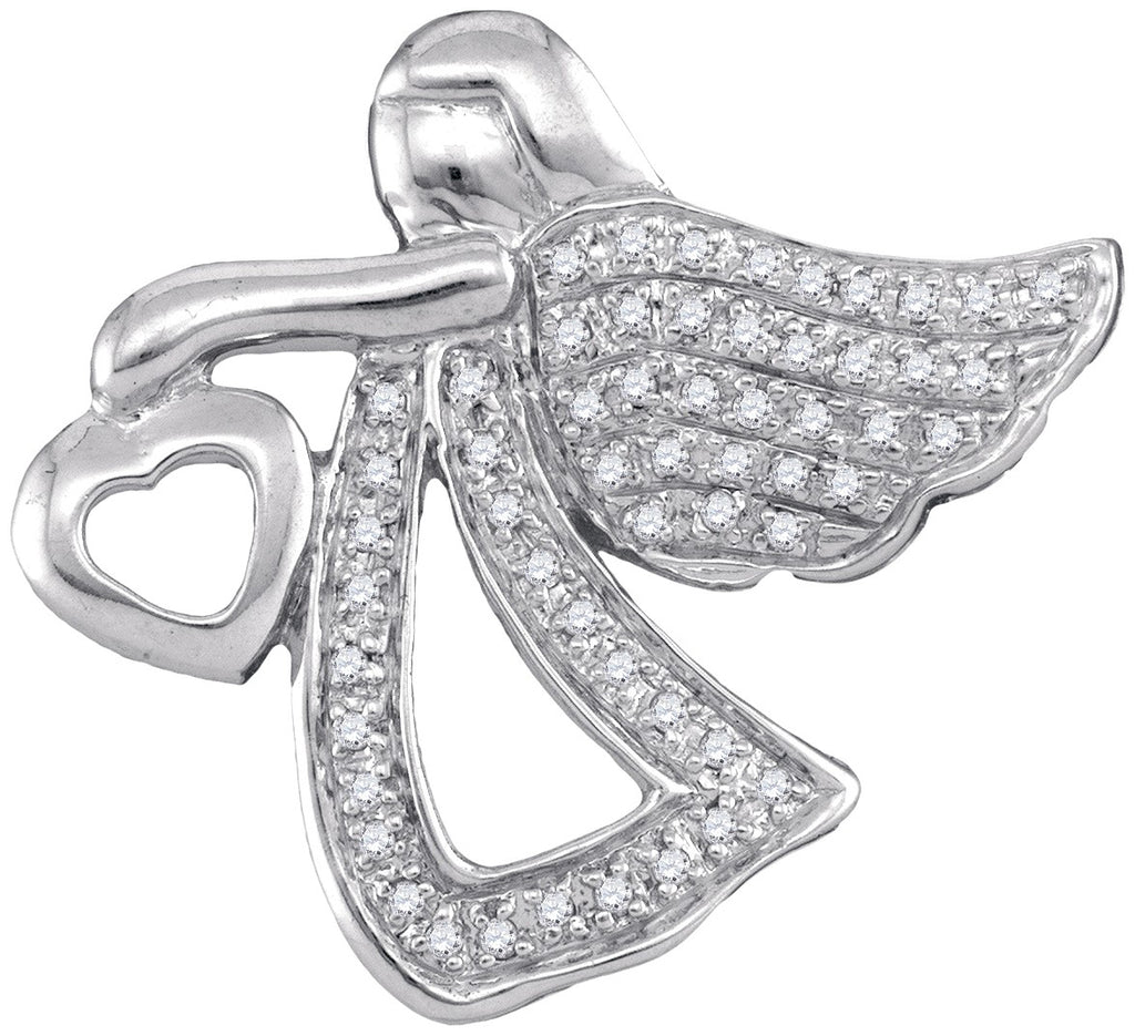 Sterling Silver Womens Round Diamond Angel Heart Religious Pendant 1/8 Cttw
