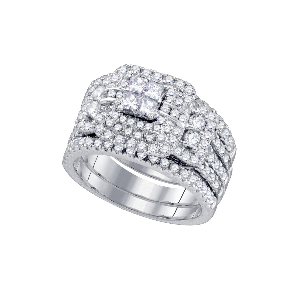 14kt White Gold Womens Diamond Cluster Wedding Bridal Ring Set 2.00 Cttw