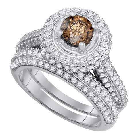 14kt White Gold Womens Round Cognac-brown Color Enhanced Diamond Halo Bridal Wedding Engagement Ring Band Set 2-1/12 Cttw