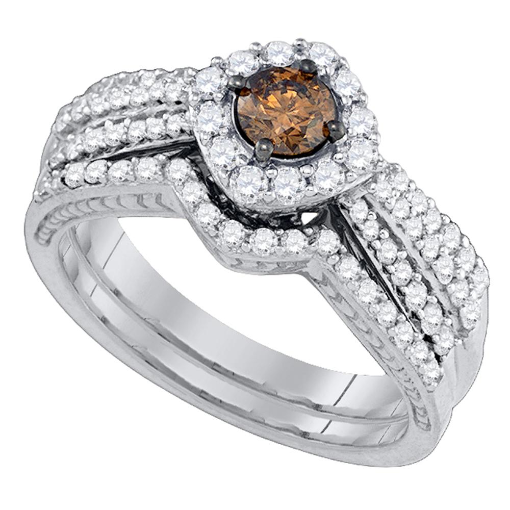 14kt White Gold Womens Round Cognac-brown Diamond Halo Bridal Wedding Engagement Ring Band Set 1-1/6 Cttw