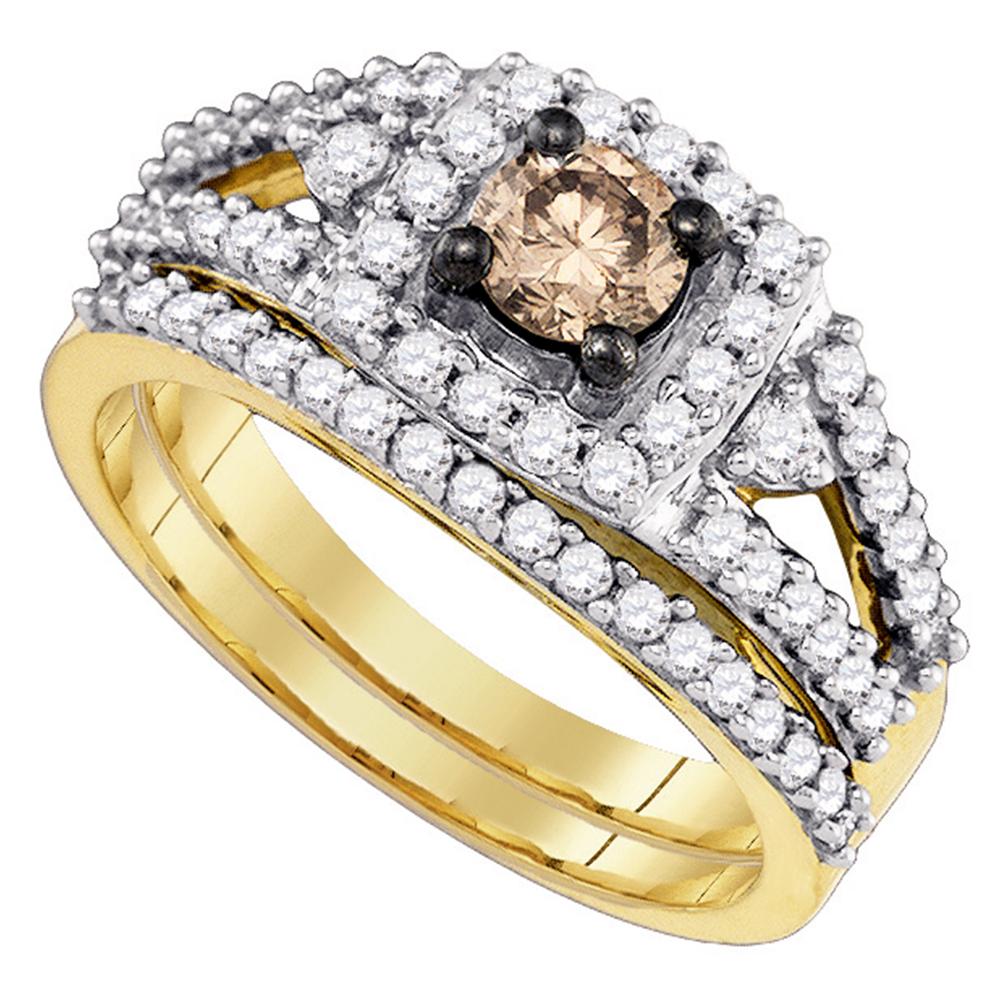 14kt Yellow Gold Womens Round Cognac-brown Color Enhanced Diamond Bridal Wedding Engagement Ring Band Set 1.00 Cttw