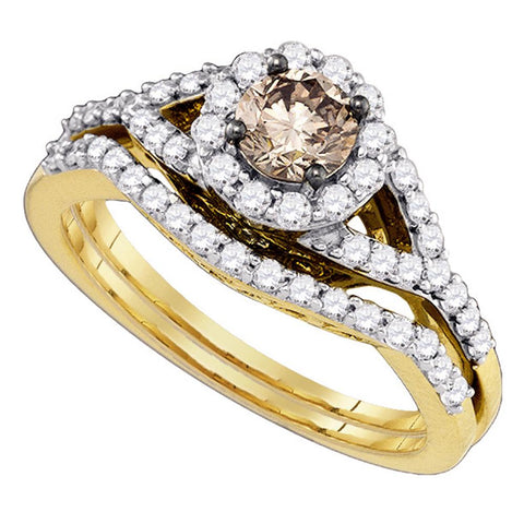 14kt Yellow Gold Round Cognac-brown Diamond Bridal Wedding Engagement Ring Band Set 1.00 Cttw