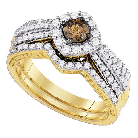 14kt Yellow Gold Womens Cognac-brown Diamond Bridal Wedding Engagement Ring Band Set 1-1/6 Cttw