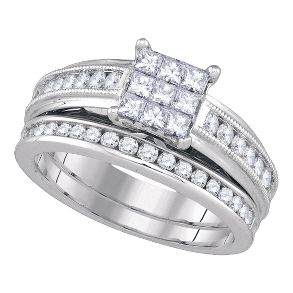 14kt White Gold Womens Princess Diamond Cluster Bridal Wedding Engagement Ring Band Set 1.00 Cttw