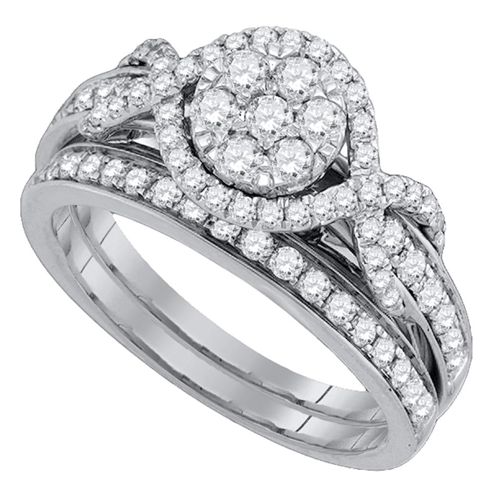 14kt White Gold Womens Round Diamond Cluster Bridal Wedding Engagement Ring Band Set 1.00 Cttw