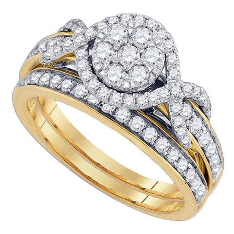 14kt Yellow Gold Womens Round Diamond Cluster Bridal Wedding Engagement Ring Band Set 1.00 Cttw