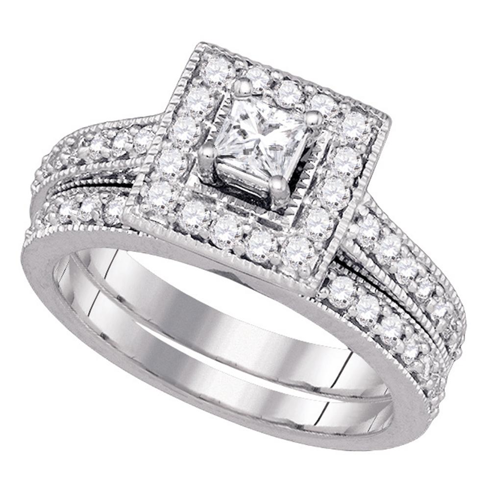 14k White Gold Princess Diamond Solitaire Halo Wedding Bridal Engagement Ring Band Set 1.00 Cttw