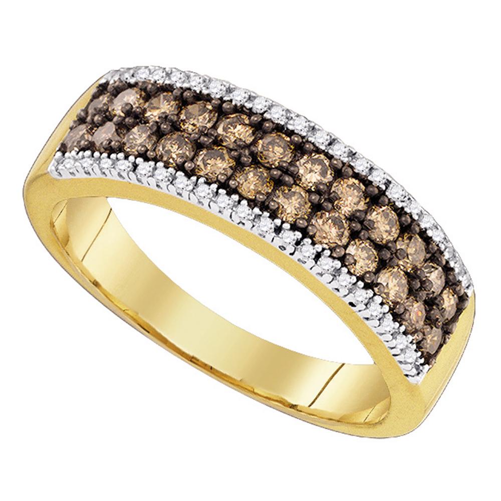 14kt Yellow Gold Womens Round Cognac-brown Color Enhanced Diamond 2-row Band Ring 3/4 Cttw