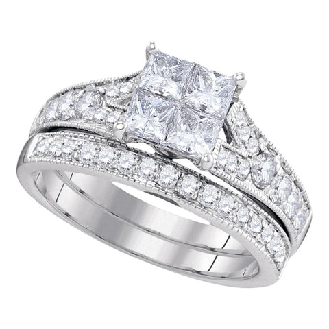 14kt White Gold Womens Princess Diamond Bridal Wedding Engagement Ring Band Set 1-1/2 Cttw