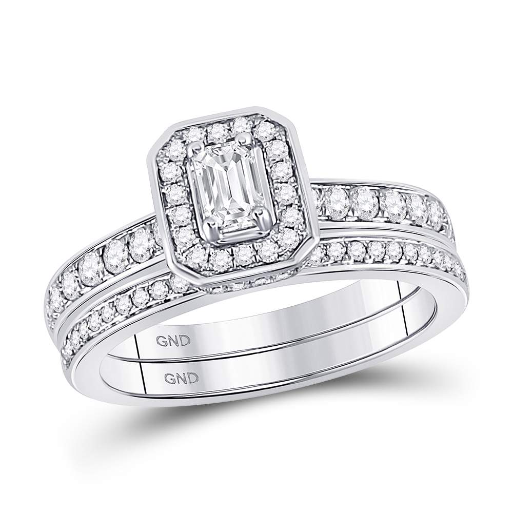 14kt White Gold Womens Emerald Diamond Bridal Wedding Engagement Ring Band Set 1.00 Cttw