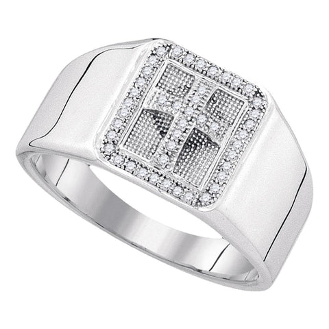 Sterling Silver Mens Round Diamond Square Frame Cross Religious Ring 1/6 Cttw