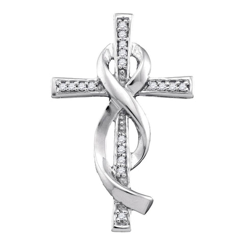 Ribbon Cross Pendant in White Gold with Diamonds, Christian Theme 1/10 Cttw