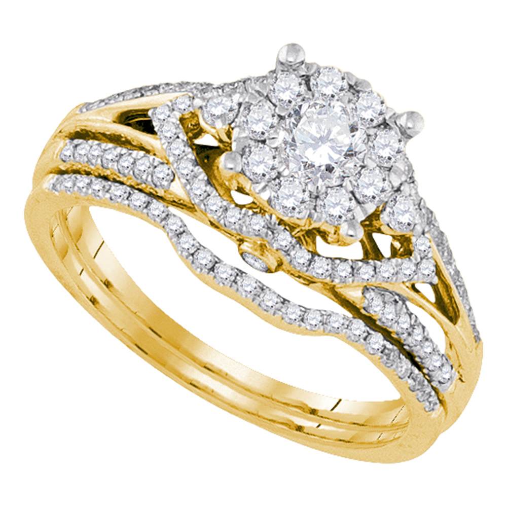 14kt Yellow Gold Womens Round Diamond Cluster Bridal Wedding Engagement Ring Band Set 3/4 Cttw