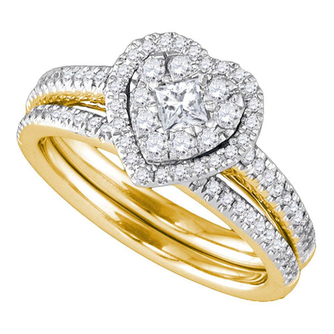 14kt Yellow Gold Womens Princess Diamond Heart Bridal Wedding Engagement Ring Band Set 3/4 Cttw