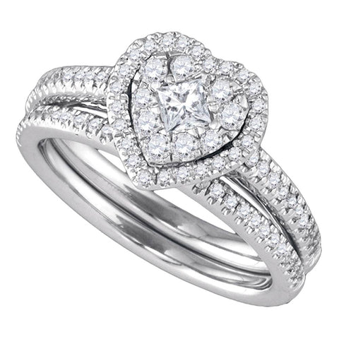 14k White Gold Round Princess Diamond Heart-shaped Womens Halo Wedding Bridal Ring Set 3/4 Cttw