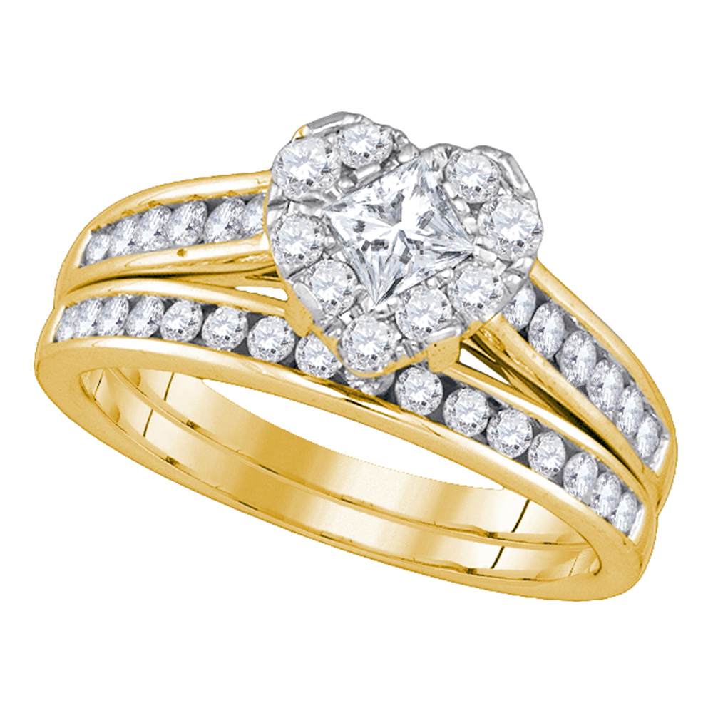 14kt Yellow Gold Princess Diamond Heart Bridal Wedding Engagement Ring Band Set 1-1/4 Cttw