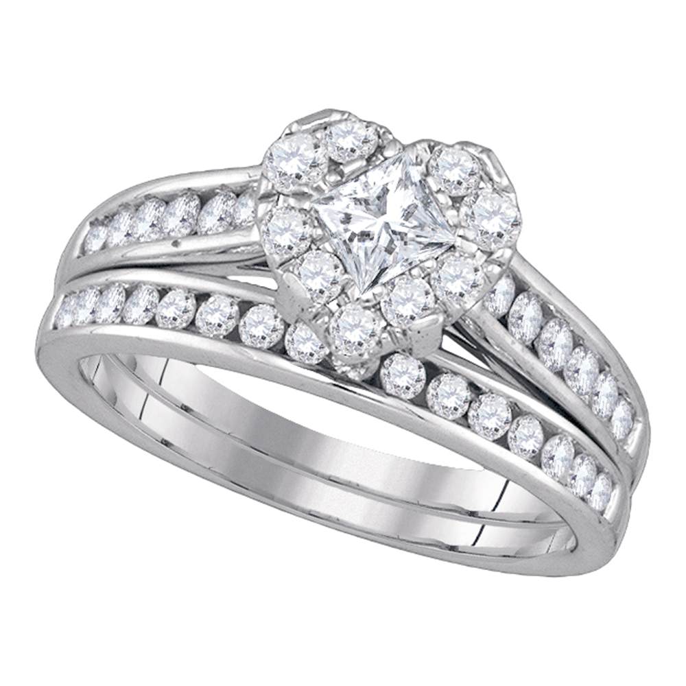 14kt White Gold Princess Diamond Heart Bridal Wedding Engagement Ring Band Set 1-1/4 Cttw