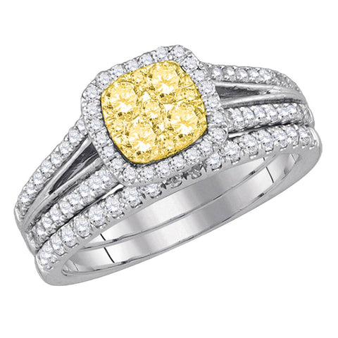 14kt White Gold Womens Round Yellow Diamond Bridal Wedding Engagement Ring Band Set 1.00 Cttw