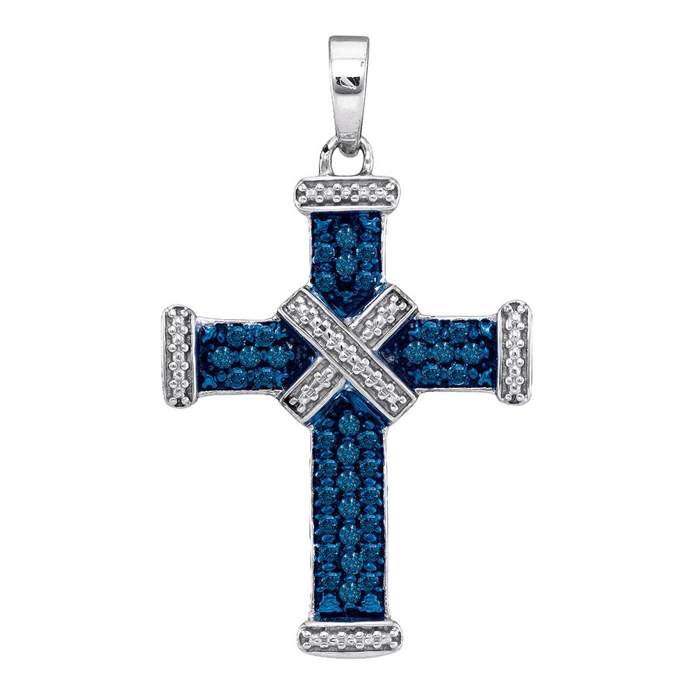 Blue Sapphire Inspired Cross Necklace, Sterling Silver Womens Pendant 1/4 Cttw