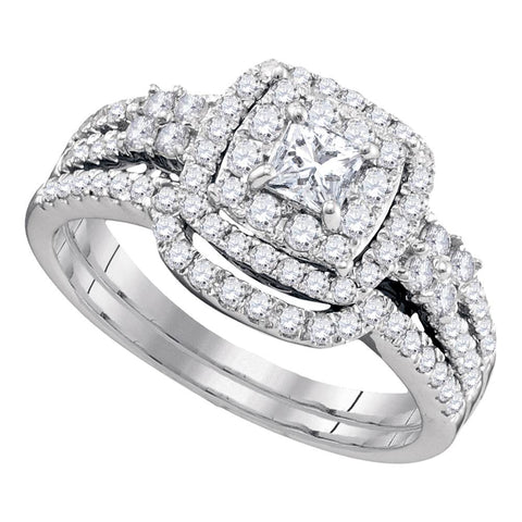 14k White Gold Womens Princess Diamond Halo Bridal Wedding Engagement Ring Band Set 1 Cttw