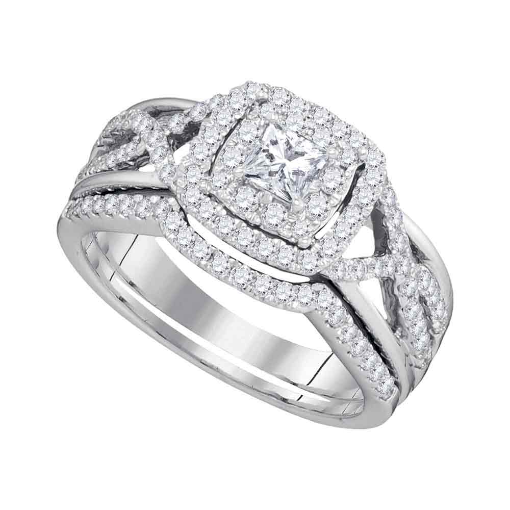 14kt White Gold Womens Princess Diamond Bridal Wedding Engagement Ring Band Set 7/8 Cttw