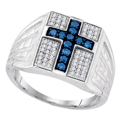 sterling silver mens round blue color enhanced diamond cross religious ring 1/2 cttw90253