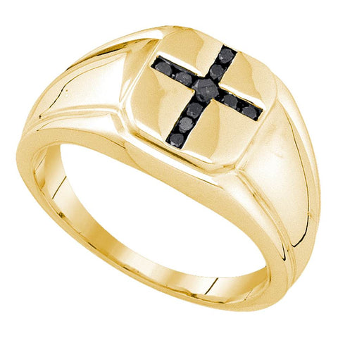 Yellow-tone Sterling Silver Mens Round Black Color Enhanced Diamond Cross Religious Ring 1/4 Cttw