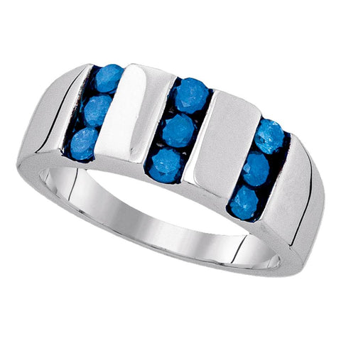 Sterling Silver Mens Round Blue Color Enhanced Channel-set Diamond Triple Row Band 1.00 Cttw