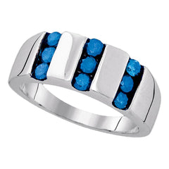 sterling silver mens round blue color enhanced channel set diamond triple row band 1.00 cttw90560