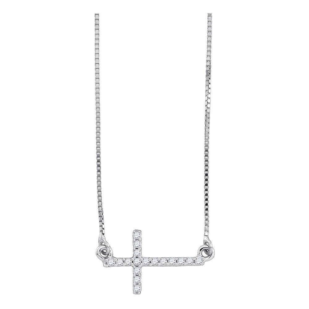 Small Sideways Cross Necklace for Women, 10K White Gold Pendant 1/10 Cttw